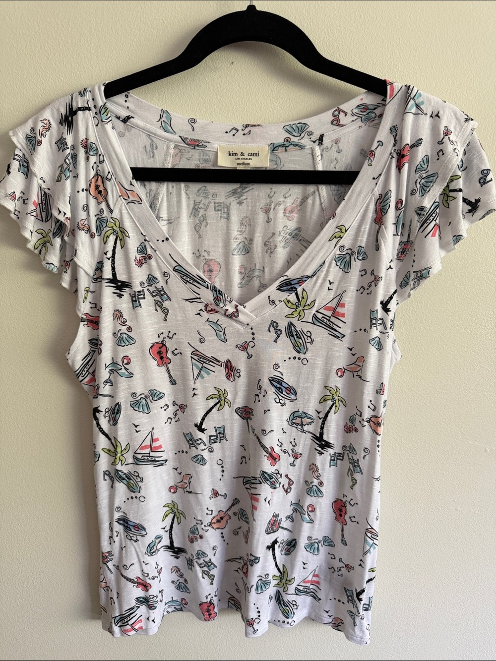 Kim & Cami White V-Neck Nautical Print Flutter Sleeve Tee